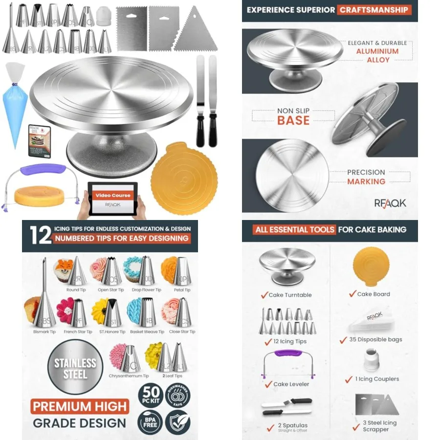 50PCs Cake Decorating Supplies Kit with 12 Aluminum Rotating Cake Turntable Stand, Professional Leveler, Straight Offset Spatul
50PCs Cake Decorating Supplies Kit with 12 Aluminum Rotating Cake Turntable Stand, Professional Leveler, Straight Offset Spatul
