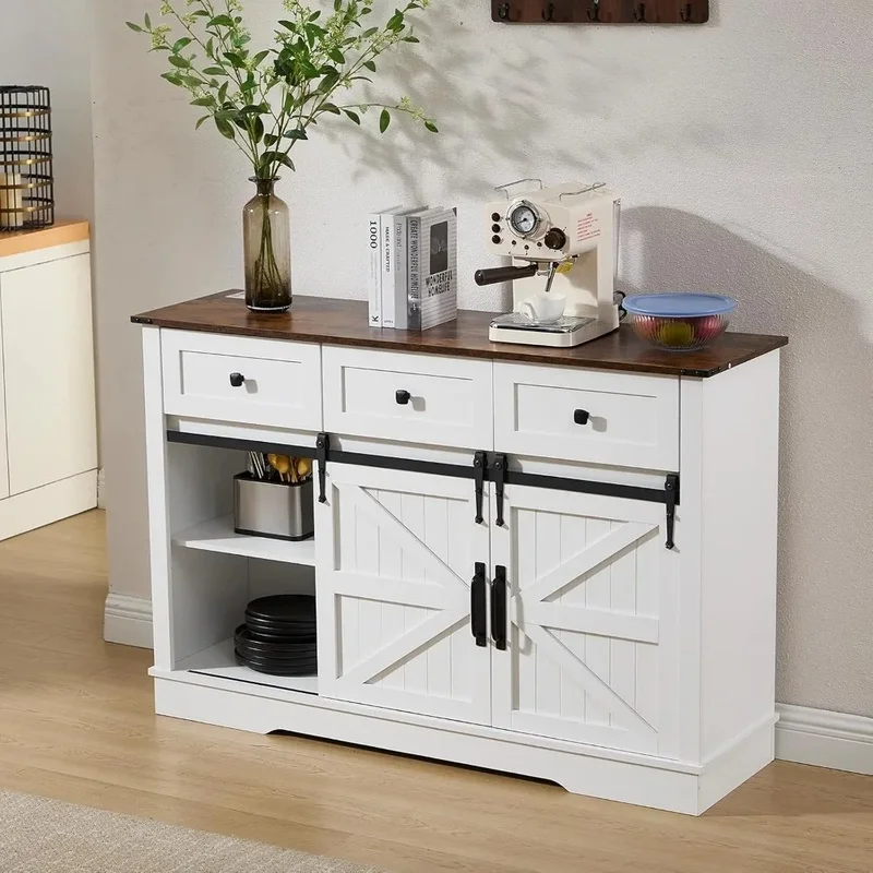 Farmhouse Style Wine Bar and Coffee Cabinet with Buffet Storage, Rustic White Finish, Sliding Barn Doors, 54” Length
Farmhouse Style Wine Bar and Coffee Cabinet with Buffet Storage, Rustic White Finish, Sliding Barn Doors, 54” Length