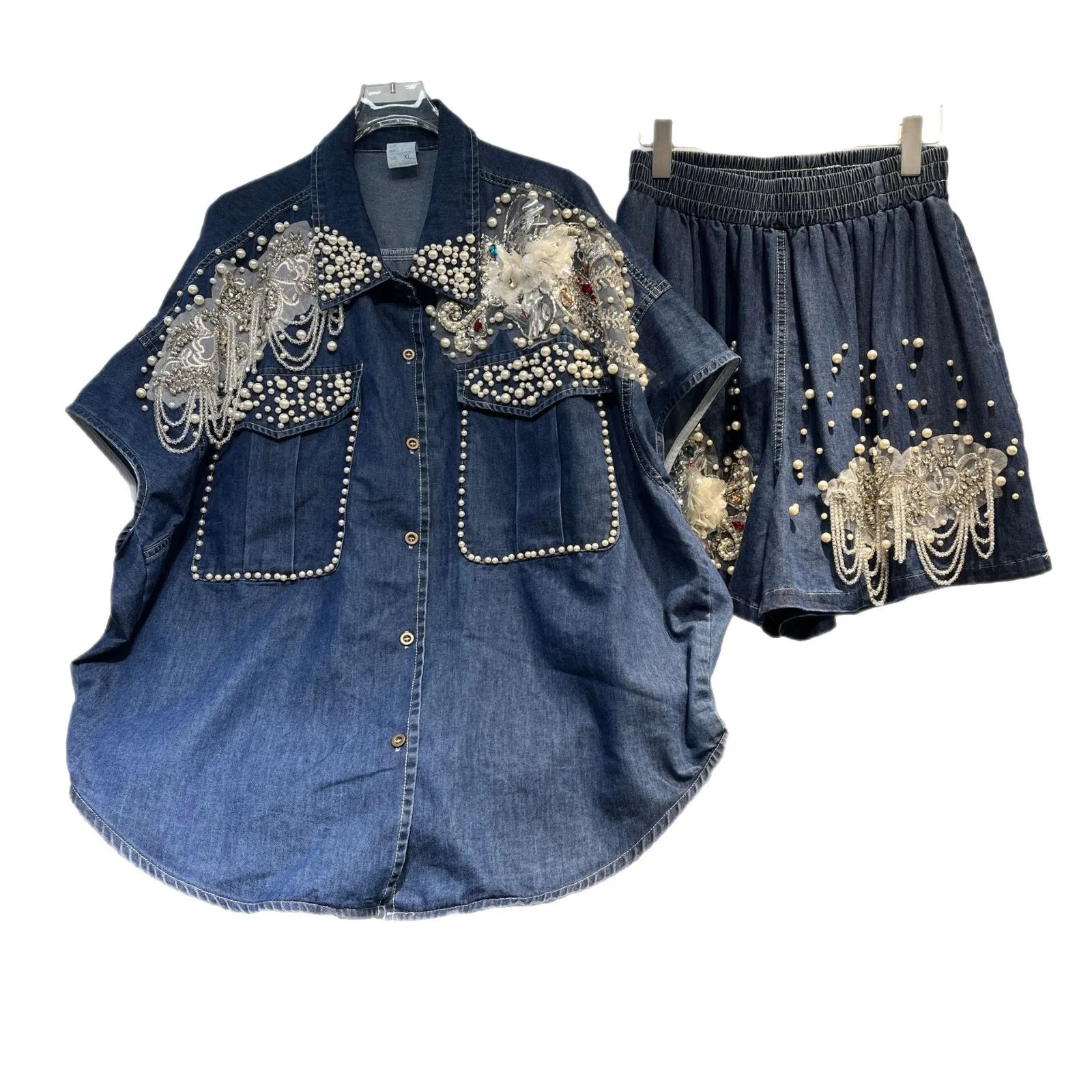 Heavy Embellied Diamond ort Sve Denim irt Top Elastic Waist Two Piece Set Women's Faion Spring Collection Collar
Heavy Embellied Diamond ort Sve Denim irt Top Elastic Waist Two Piece Set Women's Faion Spring Collection Collar