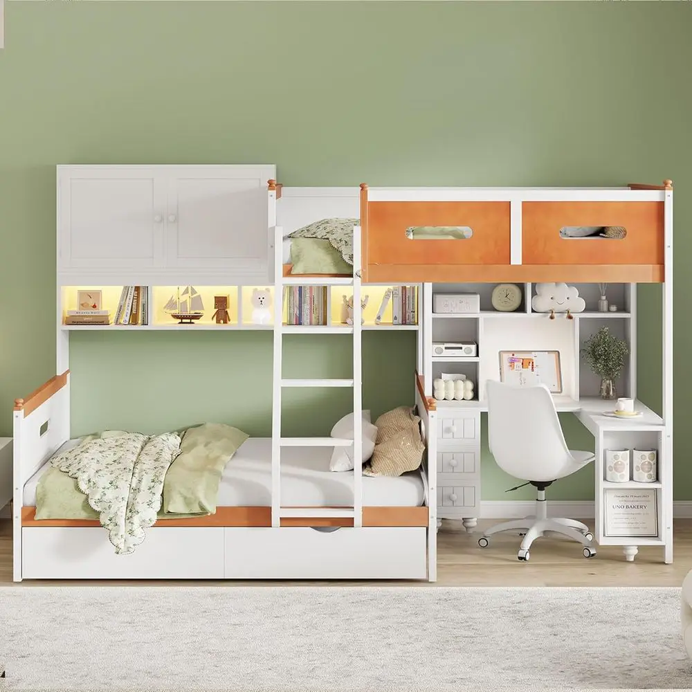 Twin Over Full Bunk Bed with Desk, Drawers, Light Strip, Solid Wood and Storage for Kids & Adults
Twin Over Full Bunk Bed with Desk, Drawers, Light Strip, Solid Wood and Storage for Kids & Adults