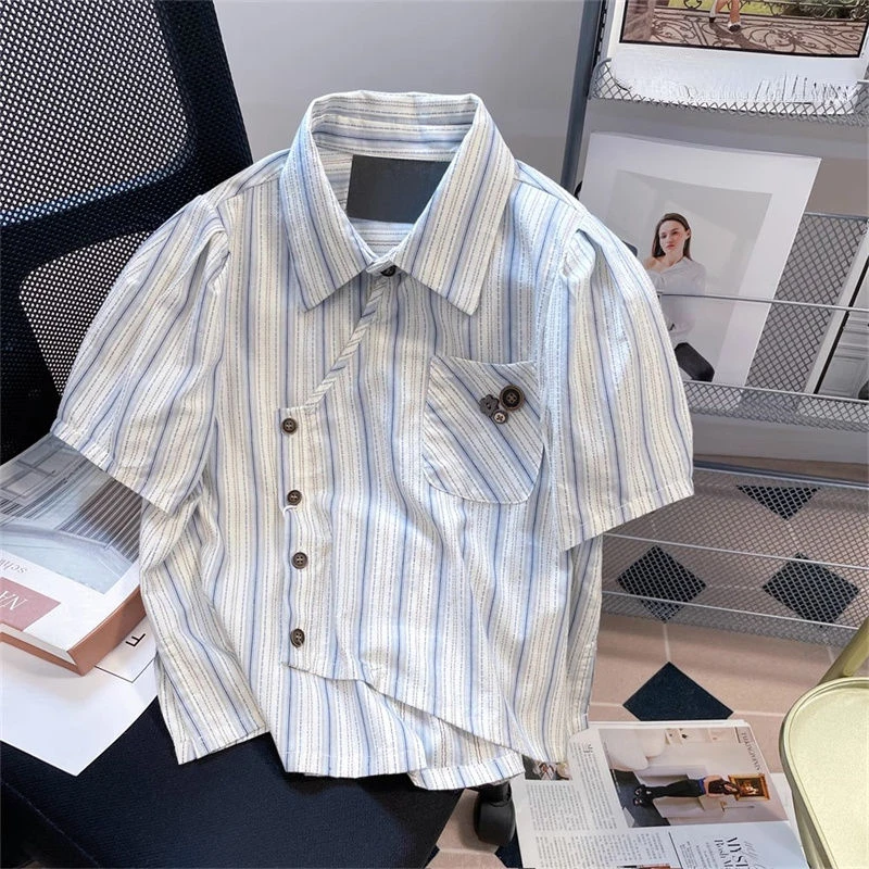Blue Striped Camisas Women Korean Short Sleeve Preppy Style Chic Shirts Y2k Elegant Chemise Femme
Blue Striped Camisas Women Korean Short Sleeve Preppy Style Chic Shirts Y2k Elegant Chemise Femme