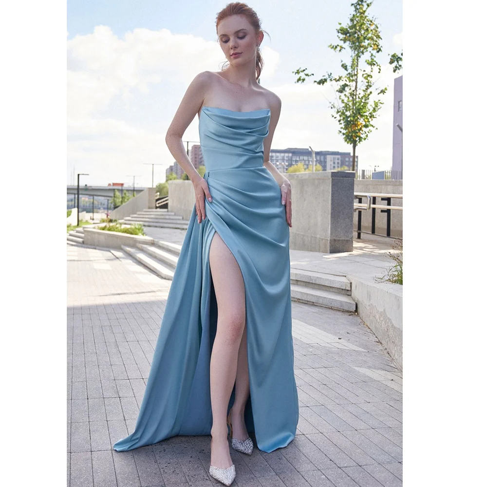 Stylish Simple Blue Satin Prom Dresses for Women Sweet Strapless Sleeveless High Split Fishtail Skirt Women Evening Dresses
Stylish Simple Blue Satin Prom Dresses for Women Sweet Strapless Sleeveless High Split Fishtail Skirt Women Evening Dresses