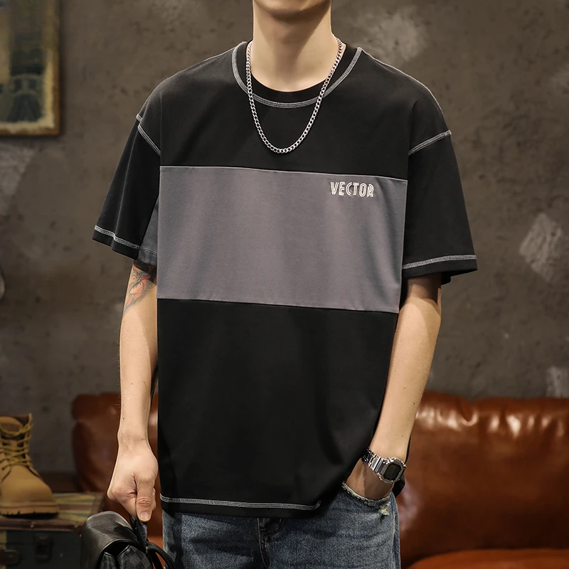Fashion matching color patchwork round neck short sleeve casual loose T-shirt men's summer new American half sleeve clothes
Fashion matching color patchwork round neck short sleeve casual loose T-shirt men's summer new American half sleeve clothes