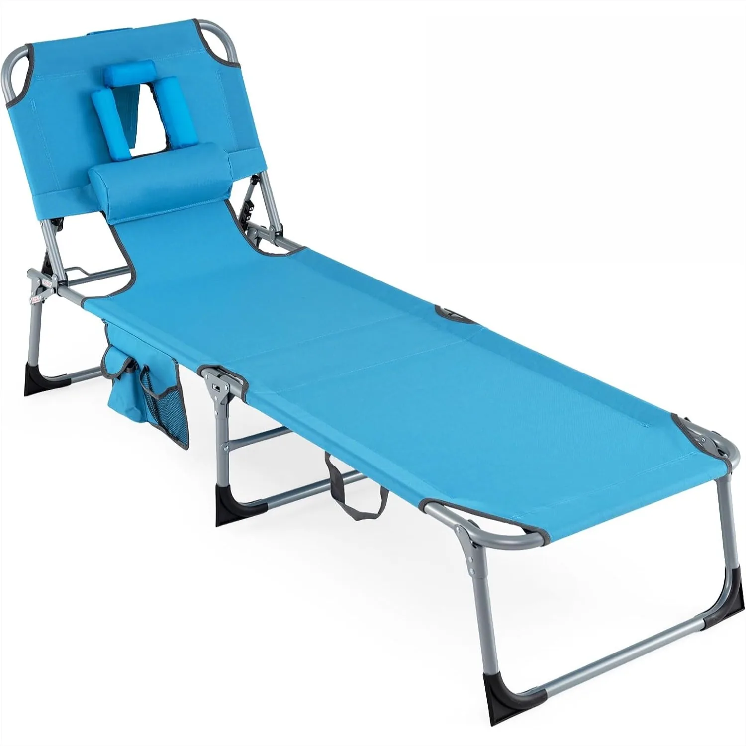Blue Folding Beach Lounge Chair with Face Hole for Sunbathing, 4-Position Adjustable Backrest, Pillow & Side Pocket
Blue Folding Beach Lounge Chair with Face Hole for Sunbathing, 4-Position Adjustable Backrest, Pillow & Side Pocket