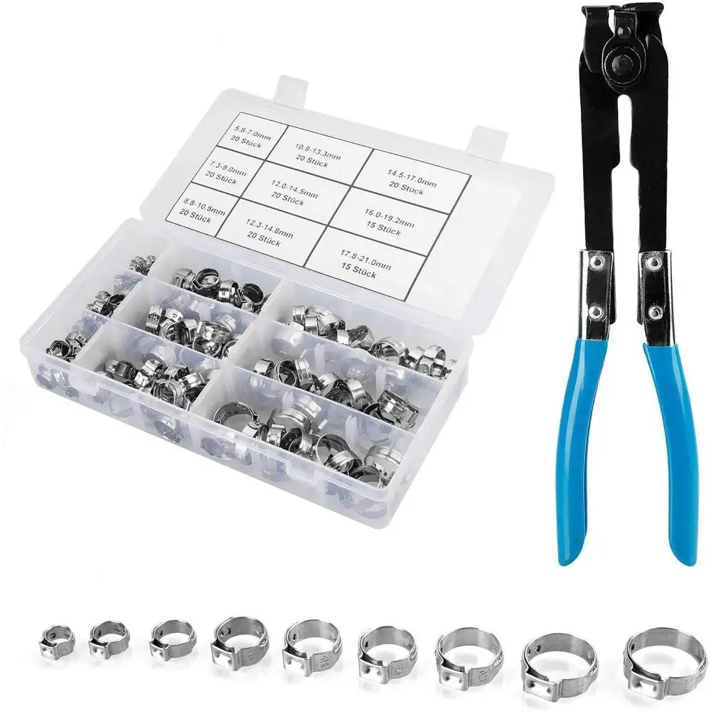 304 Stainless Steel Single Ear Hose Clamps Kit with Pliers for Automotive Plumbing Water Pipes 5.8-21mm Assortment
304 Stainless Steel Single Ear Hose Clamps Kit with Pliers for Automotive Plumbing Water Pipes 5.8-21mm Assortment