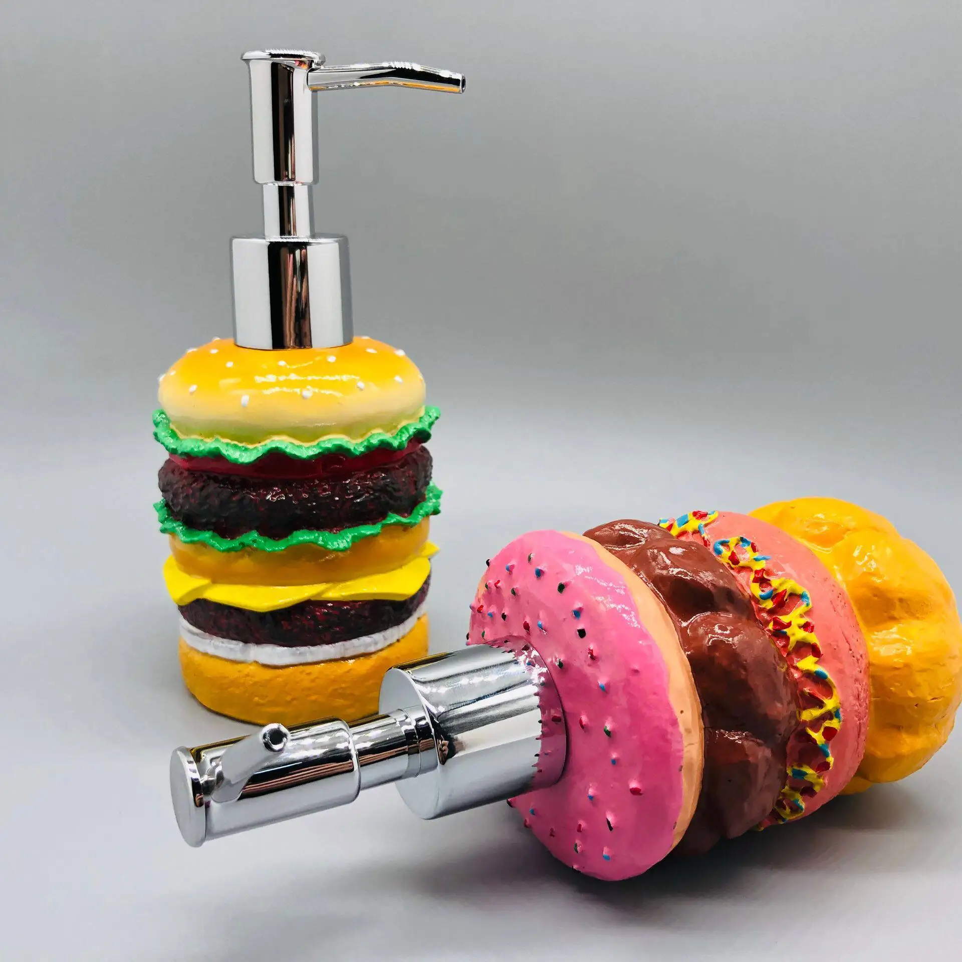 Hamburger soap dispenser, donut shape, body wash bottle, hand sanitizer bottle container, squeeze hand sanitizer.
Hamburger soap dispenser, donut shape, body wash bottle, hand sanitizer bottle container, squeeze hand sanitizer.