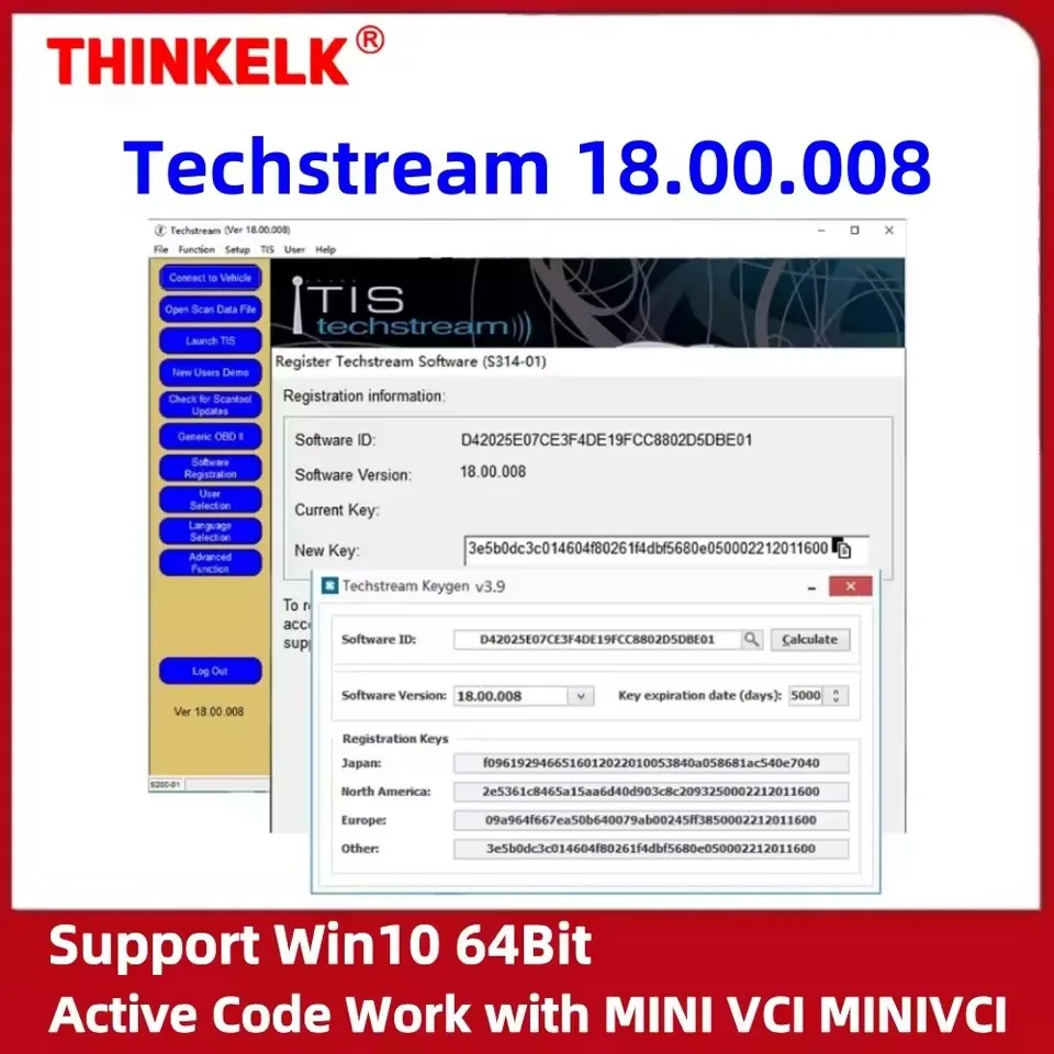 For TIS Techstream 18.00.008 Software Link and Active Code Work with MINI VCI MINIVCI Newest Version
For TIS Techstream 18.00.008 Software Link and Active Code Work with MINI VCI MINIVCI Newest Version