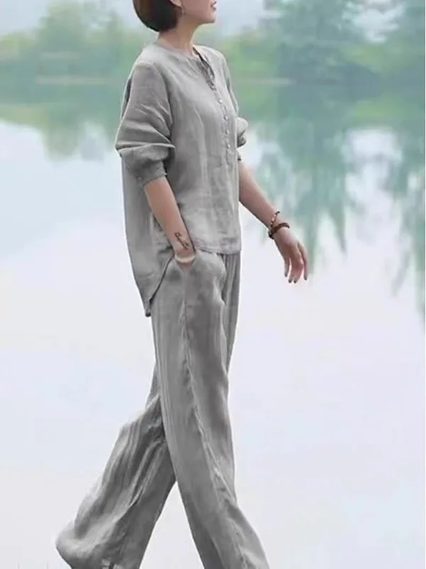 Хлопково-льняной комплект, женский повседневный тонкий комплект из двух предметов, модные широкие брюки, длинный свеч V-Ne, удобный дышащий летний наряд 
Хлопково-льняной комплект, женский повседневный тонкий комплект из двух предметов, модные широкие брюки, длинный свеч V-Ne, удобный дышащий летний наряд