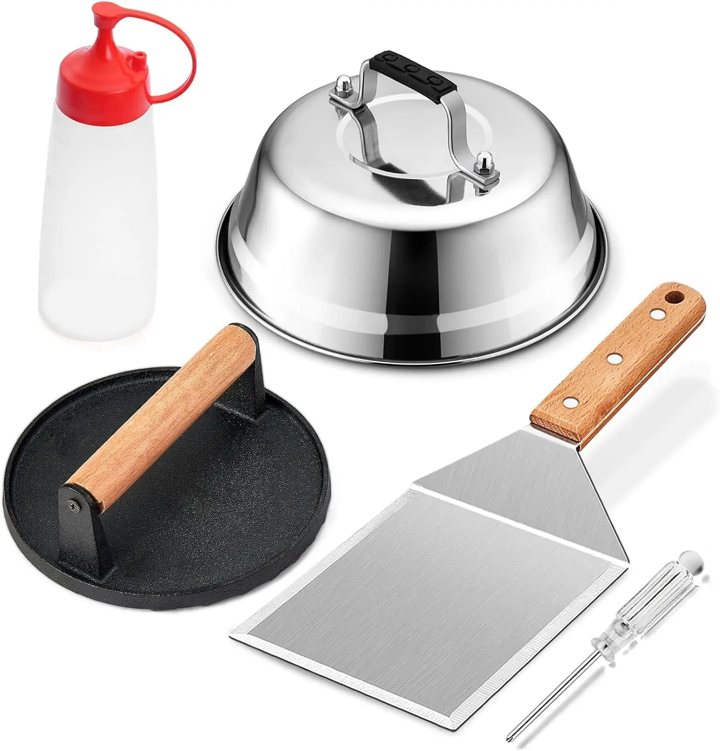 Griddle Accessories Smash Burger Kit (5Pcs), Grill Spatula with 9in Melting Dome & Bacon Press Set, Turner, Bastin
Griddle Accessories Smash Burger Kit (5Pcs), Grill Spatula with 9in Melting Dome & Bacon Press Set, Turner, Bastin