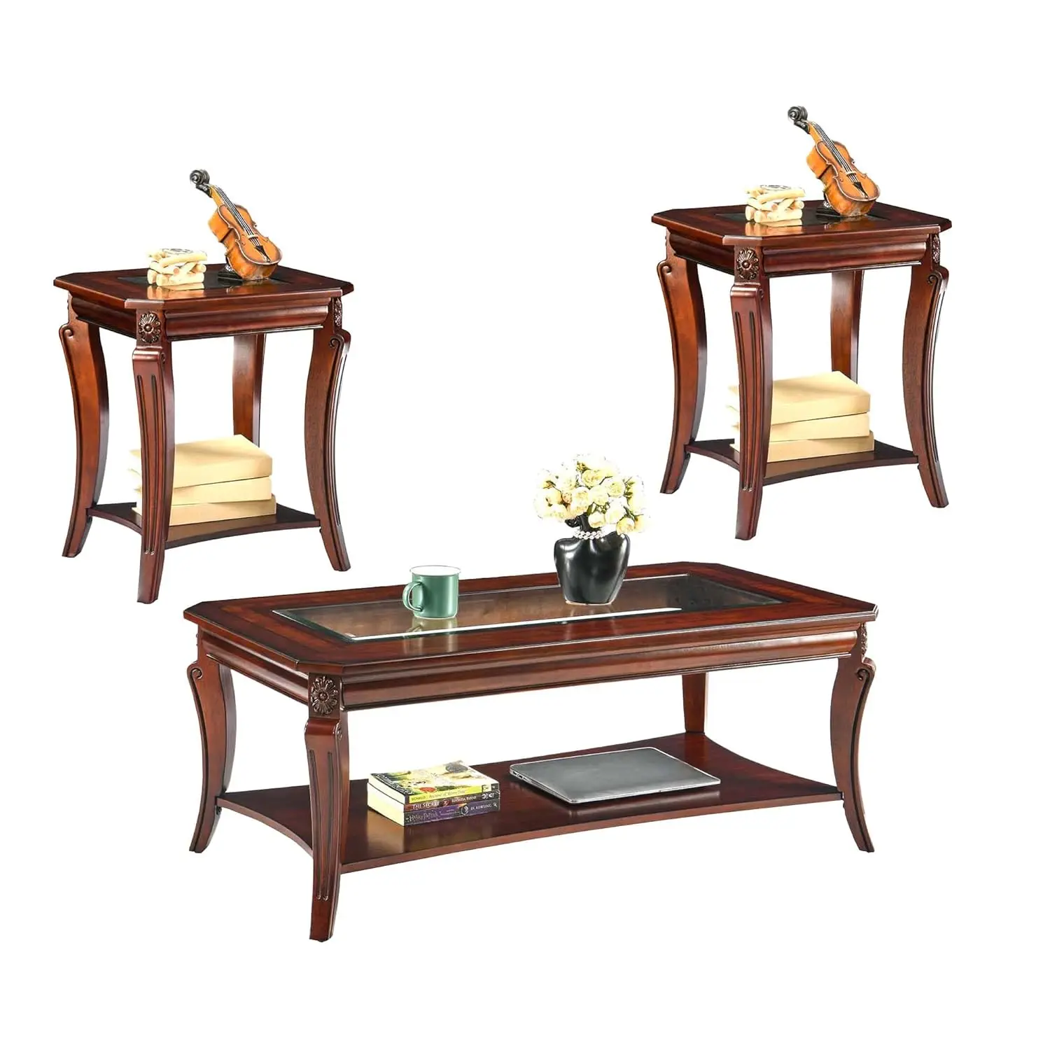 3 Piece Queen Anne Style 2-Tier Glass Top Wood Coffee & End Table Set with Storage, Living Room, KFZCJZ-A1168-GT, Customized
3 Piece Queen Anne Style 2-Tier Glass Top Wood Coffee & End Table Set with Storage, Living Room, KFZCJZ-A1168-GT, Customized