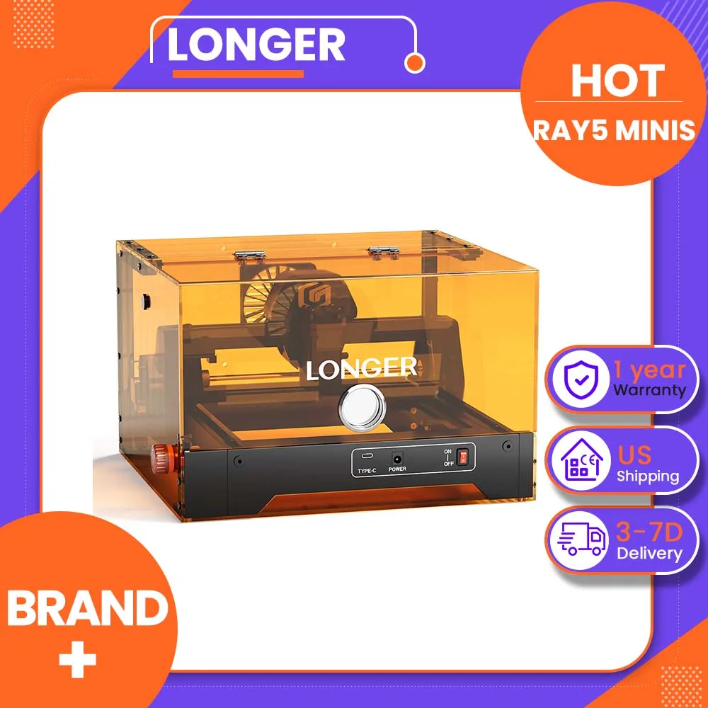 LONGER RAY5 MiniS 10W, 0.1mm Precisionm, 12,000mm/min Speed, 130×120mm Work Area, Cuts 20mm Basswood Aluminum Alloy, 10,000+ Hrs Lifespan, Class 1 Safety, Multi-OS & Software Compatible
LONGER RAY5 MiniS 10W, 0.1mm Precisionm, 12,000mm/min Speed, 130×120mm Work Area, Cuts 20mm Basswood Aluminum Alloy, 10,000+ Hrs Lifespan, Class 1 Safety, Multi-OS & Software Compatible