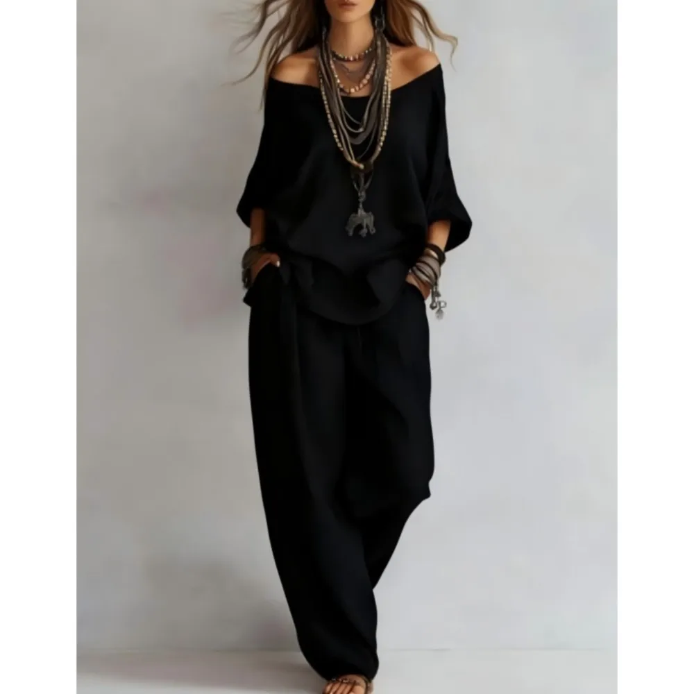 Summer New Casual Loose Linen Three-quarter Sleeve Top + Wide Leg Pants 2piece Suit Sexy One-shoulder Loose Trousers Suit Women
Summer New Casual Loose Linen Three-quarter Sleeve Top + Wide Leg Pants 2piece Suit Sexy One-shoulder Loose Trousers Suit Women