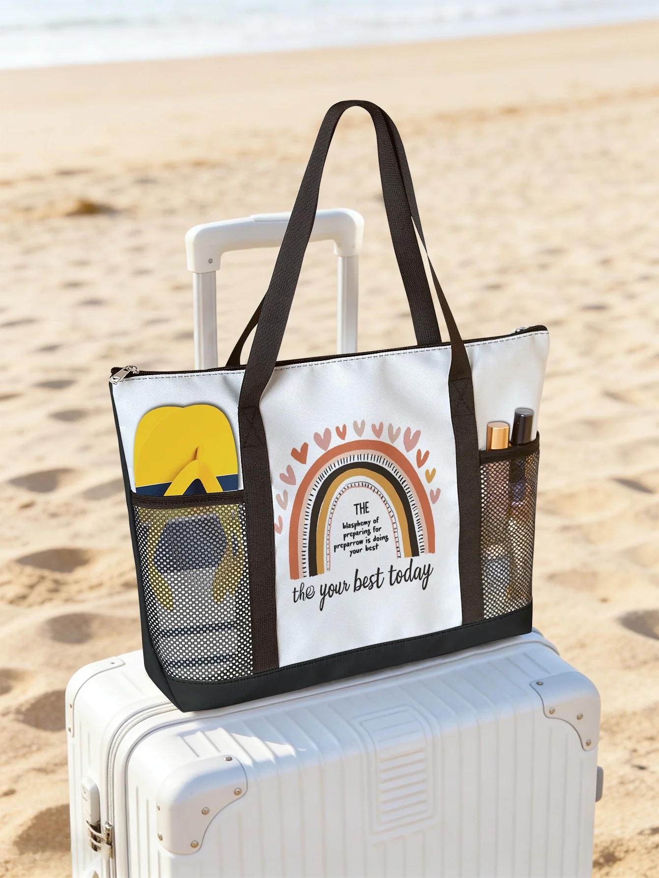 Rainbow printed handbag, large capacity women's beach bag, waterproof travel shoulder bag with mesh pockets
Rainbow printed handbag, large capacity women's beach bag, waterproof travel shoulder bag with mesh pockets