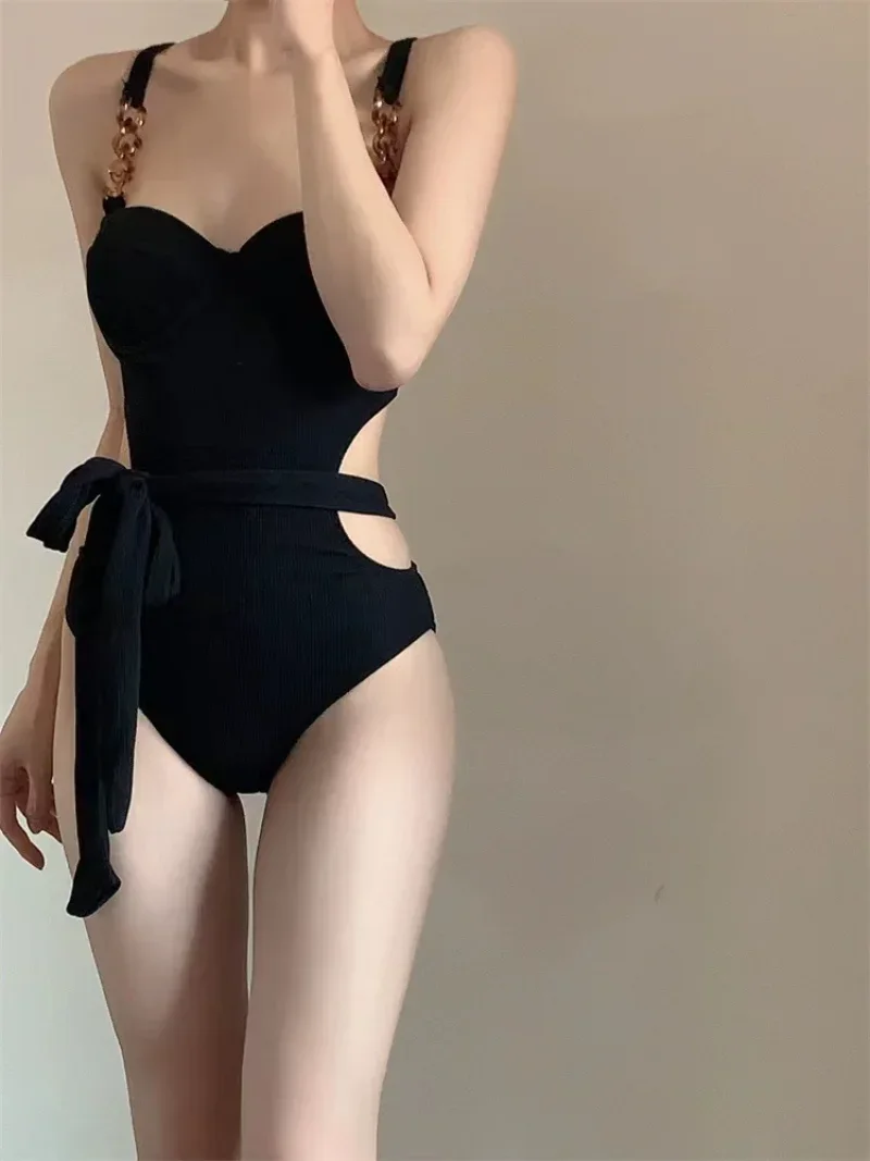 Sexy Korean Fashion Push Up Swimsuit One Piece Black and Beige Bikinis with Waist Tie Hollow Bodysuits Bikinis Padded Swimwear
Sexy Korean Fashion Push Up Swimsuit One Piece Black and Beige Bikinis with Waist Tie Hollow Bodysuits Bikinis Padded Swimwear