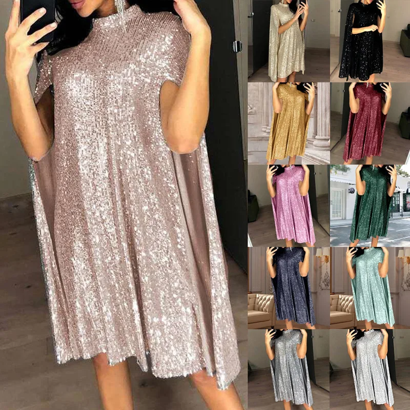 Women's Sexy Party Sequin Glitter Dress Female Turtleneck Sparkling Sequins Cloak Sleeves Dresses Elegant Short Skirts
Women's Sexy Party Sequin Glitter Dress Female Turtleneck Sparkling Sequins Cloak Sleeves Dresses Elegant Short Skirts