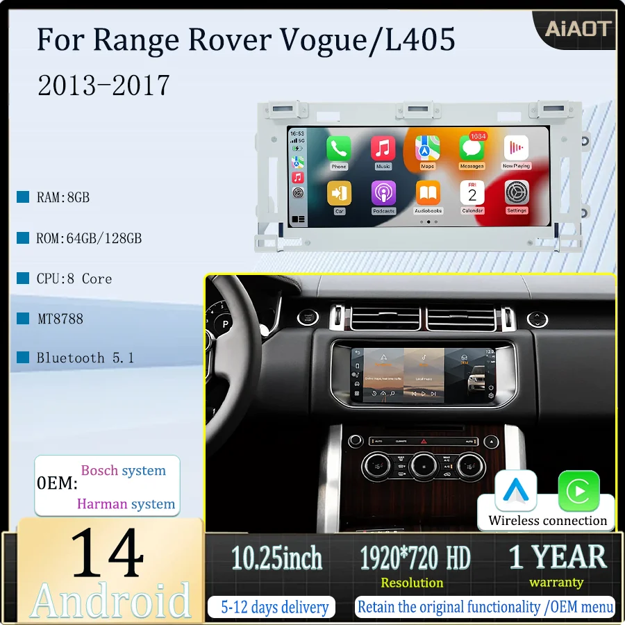 10.25"Android 14 Car Multimedia Radio is compatible with Land Rover Vogue L405 GPS wireless Carplay Bosch Harman system AC Panel
10.25"Android 14 Car Multimedia Radio is compatible with Land Rover Vogue L405 GPS wireless Carplay Bosch Harman system AC Panel