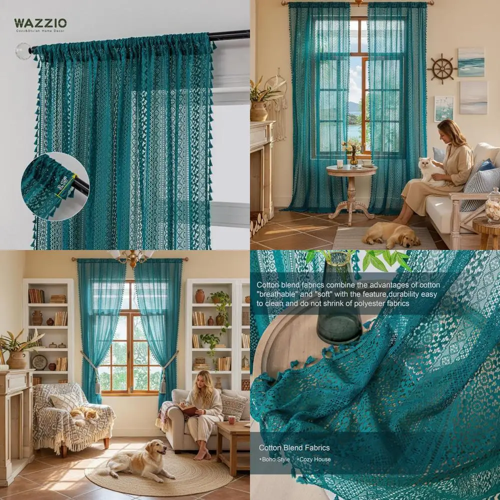 Вязаные кружевные шторы с кисточками 96 - Полупрозрачные хлопковые занавески для дома в бирюзовом цвете, 2 панели
Вязаные кружевные шторы с кисточками 96 - Полупрозрачные хлопковые занавески для дома в бирюзовом цвете, 2 панели