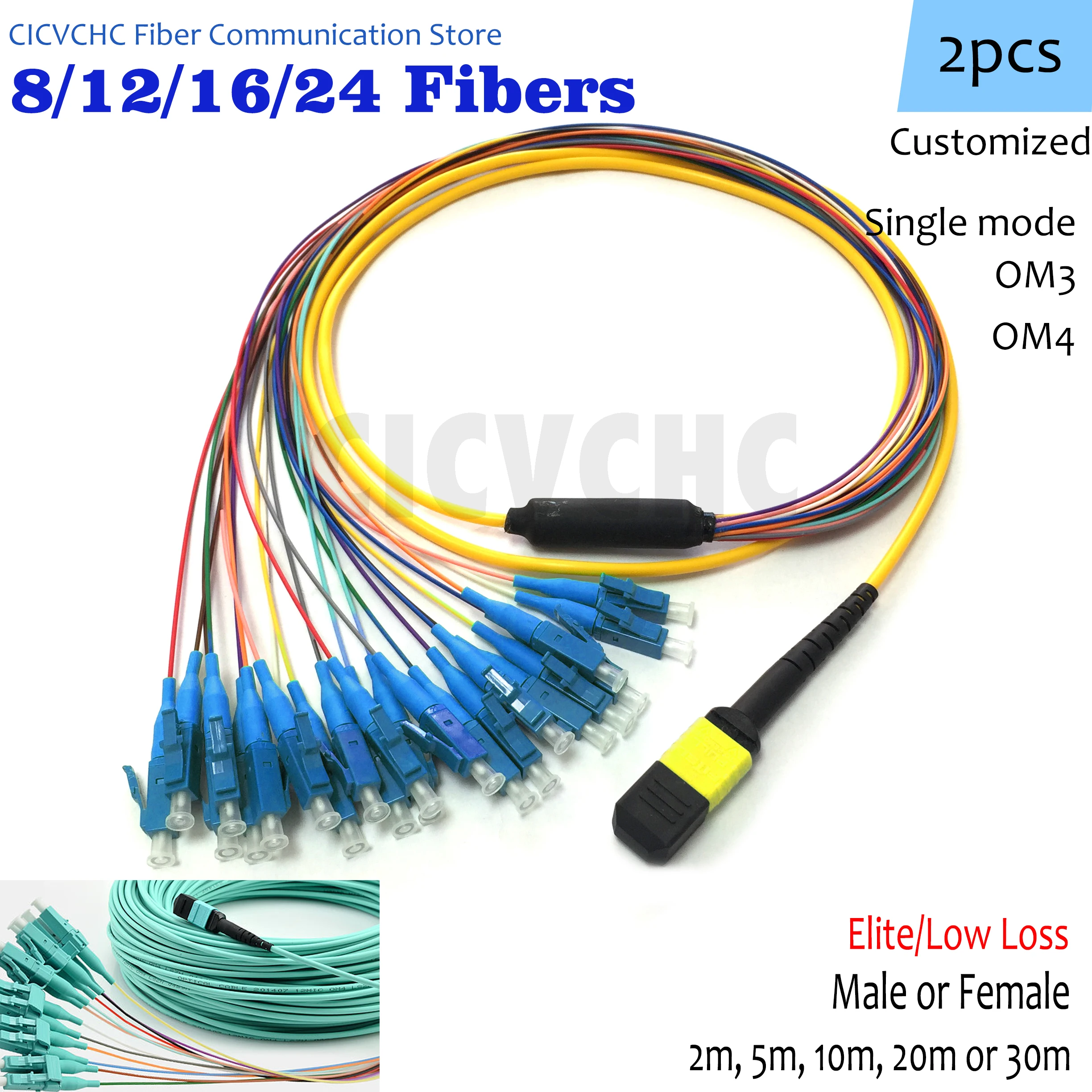 2pcs 8, 12, 16, 24 fibers MPO Fanout Cable Female Male with 0.9mm branch -SM, OM3, OM4 with 0.5m fanout 2m length Customized
2pcs 8, 12, 16, 24 fibers MPO Fanout Cable Female Male with 0.9mm branch -SM, OM3, OM4 with 0.5m fanout 2m length Customized