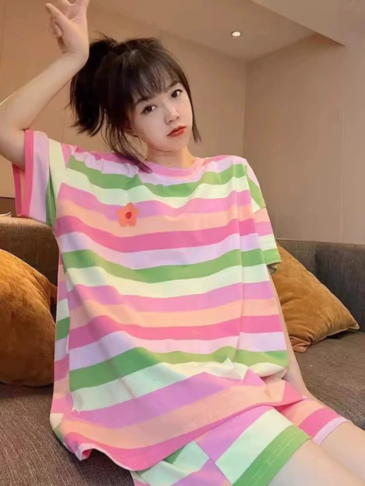 plus Size 300 Pounds Striped Sleepwear Set Women Summer Loose Short Sleeve Shorts Home Clothes Two Piece Set Sweet Cute Style
plus Size 300 Pounds Striped Sleepwear Set Women Summer Loose Short Sleeve Shorts Home Clothes Two Piece Set Sweet Cute Style