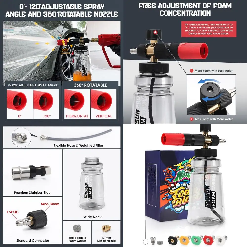 Foam Cannon for Pressure Washer with Wide Mouth, Adjustable Snow Foam Lance for Car Wash, 1/4" Quick Connect, 5 Nozzle Tips, Ext
Foam Cannon for Pressure Washer with Wide Mouth, Adjustable Snow Foam Lance for Car Wash, 1/4" Quick Connect, 5 Nozzle Tips, Ext