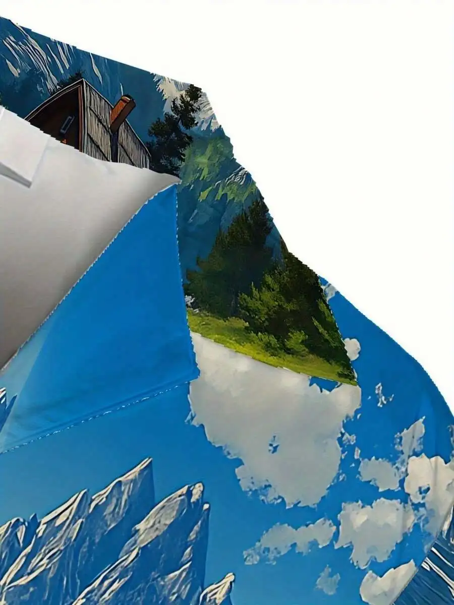 Mens Summer Casual Button-Up Shirt With 3D Mountain Cabin Scene, Snowy Peaks, Green Valley And Sky Print
Mens Summer Casual Button-Up Shirt With 3D Mountain Cabin Scene, Snowy Peaks, Green Valley And Sky Print