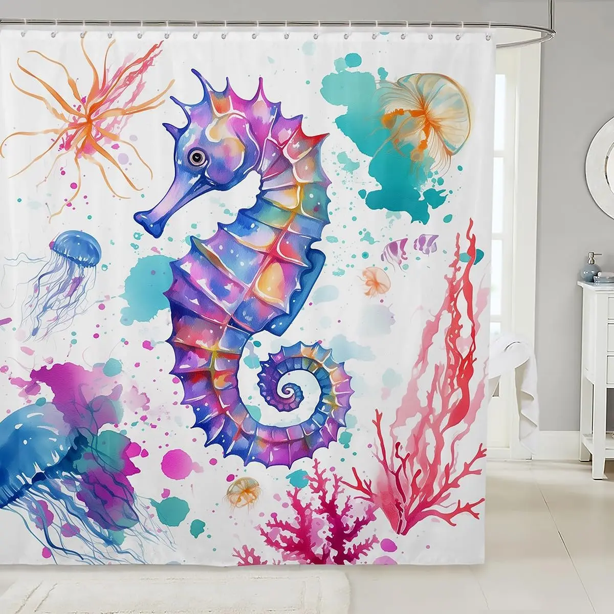 Vibrant Ocean Seahorse Tropical Jellyfish Shower Curtain Bathroom Decor Under the Sea Marine Life Waterproof Bath Curtain
Vibrant Ocean Seahorse Tropical Jellyfish Shower Curtain Bathroom Decor Under the Sea Marine Life Waterproof Bath Curtain