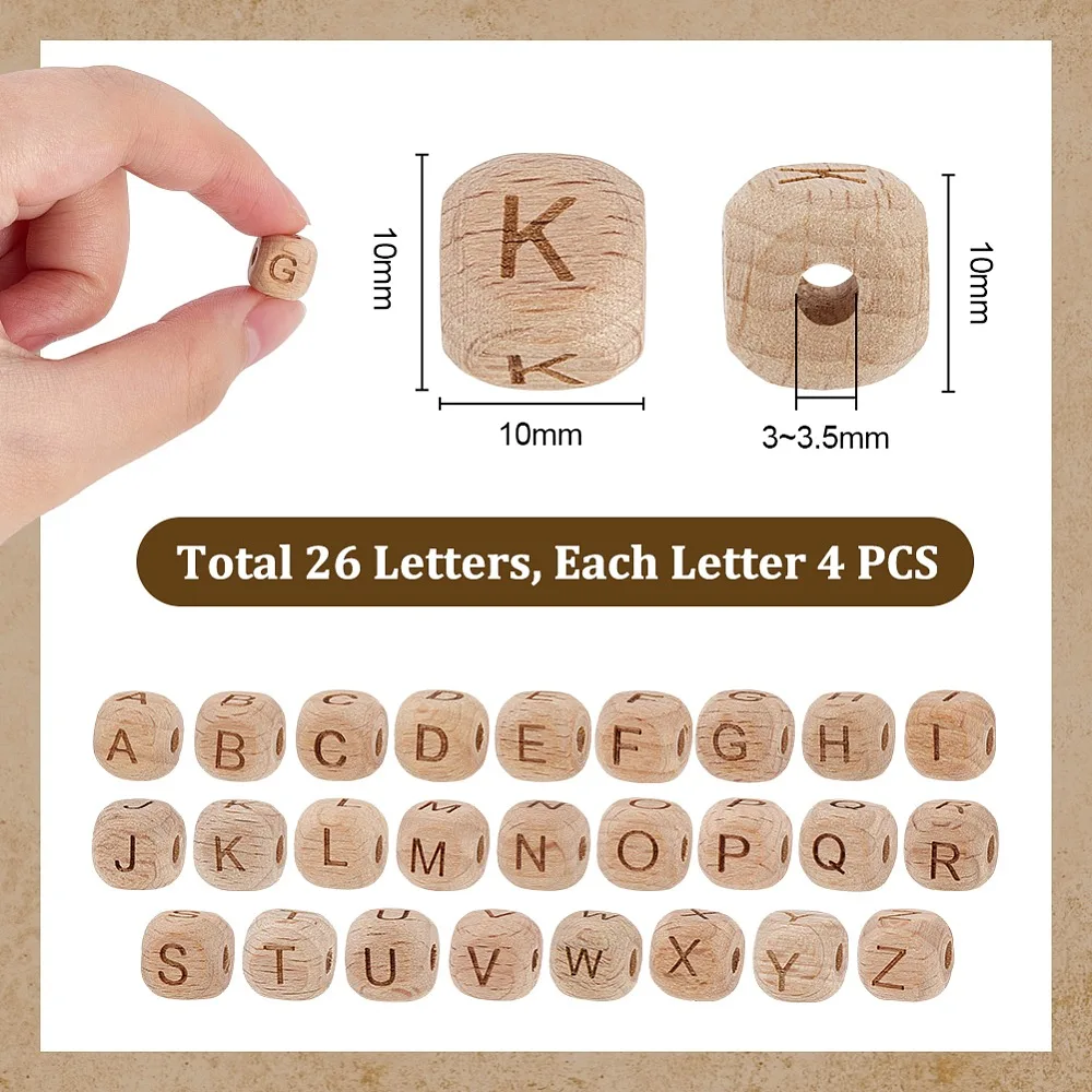 104Pcs 26 Styles Wood Alphabet Cube Beads for Educational Toy PeachPuff 10x10x10mm Hole: 3~3.5mm 4pcs/style
104Pcs 26 Styles Wood Alphabet Cube Beads for Educational Toy PeachPuff 10x10x10mm Hole: 3~3.5mm 4pcs/style