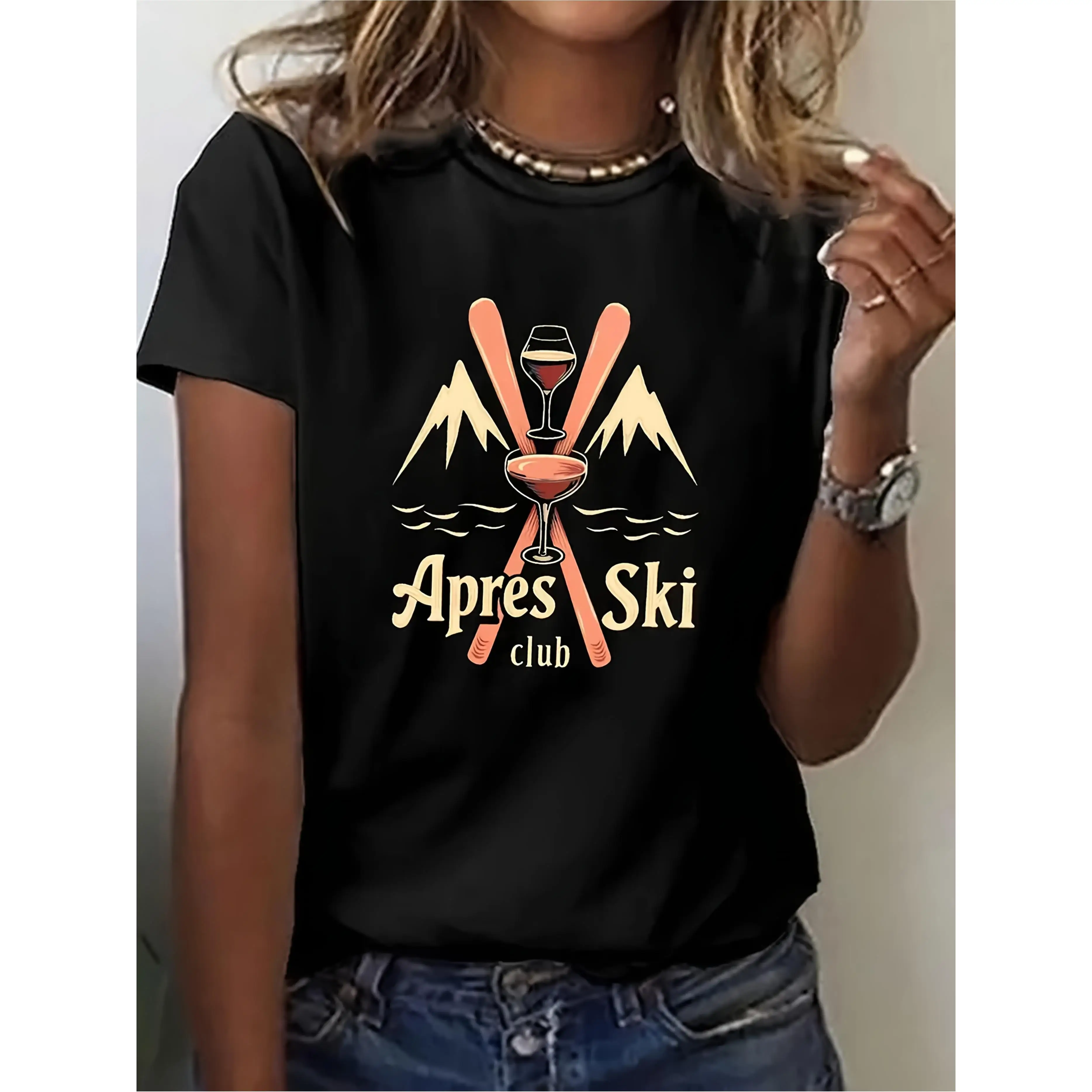 Women's Après Ski Club Graphic T-Shirt - Black Short Sleeve Round Neck Casual Top With Mountain & Wine Glass Design, Regular Fit 
Women's Après Ski Club Graphic T-Shirt - Black Short Sleeve Round Neck Casual Top With Mountain & Wine Glass Design, Regular Fit