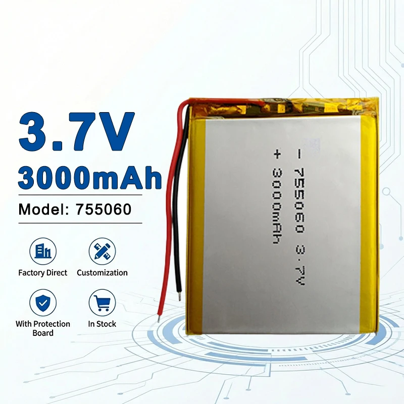 Литий-полимерный аккумулятор 755060 3.7V 3000mAh большой емкости для бытовой электроники и портативных источников питания 974058 103665
Литий-полимерный аккумулятор 755060 3.7V 3000mAh большой емкости для бытовой электроники и портативных источников питания 974058 103665