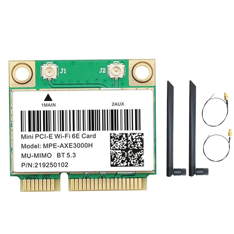 MPE-AXE3000H WiFi карта + двойная антенна WiFi 6E 2400 Мбит/с Mini PCI-E для BT 5,3 802.11AX 2,4G/5G/6 ГГц Wlan сетевая карта
MPE-AXE3000H WiFi карта + двойная антенна WiFi 6E 2400 Мбит/с Mini PCI-E для BT 5,3 802.11AX 2,4G/5G/6 ГГц Wlan сетевая карта