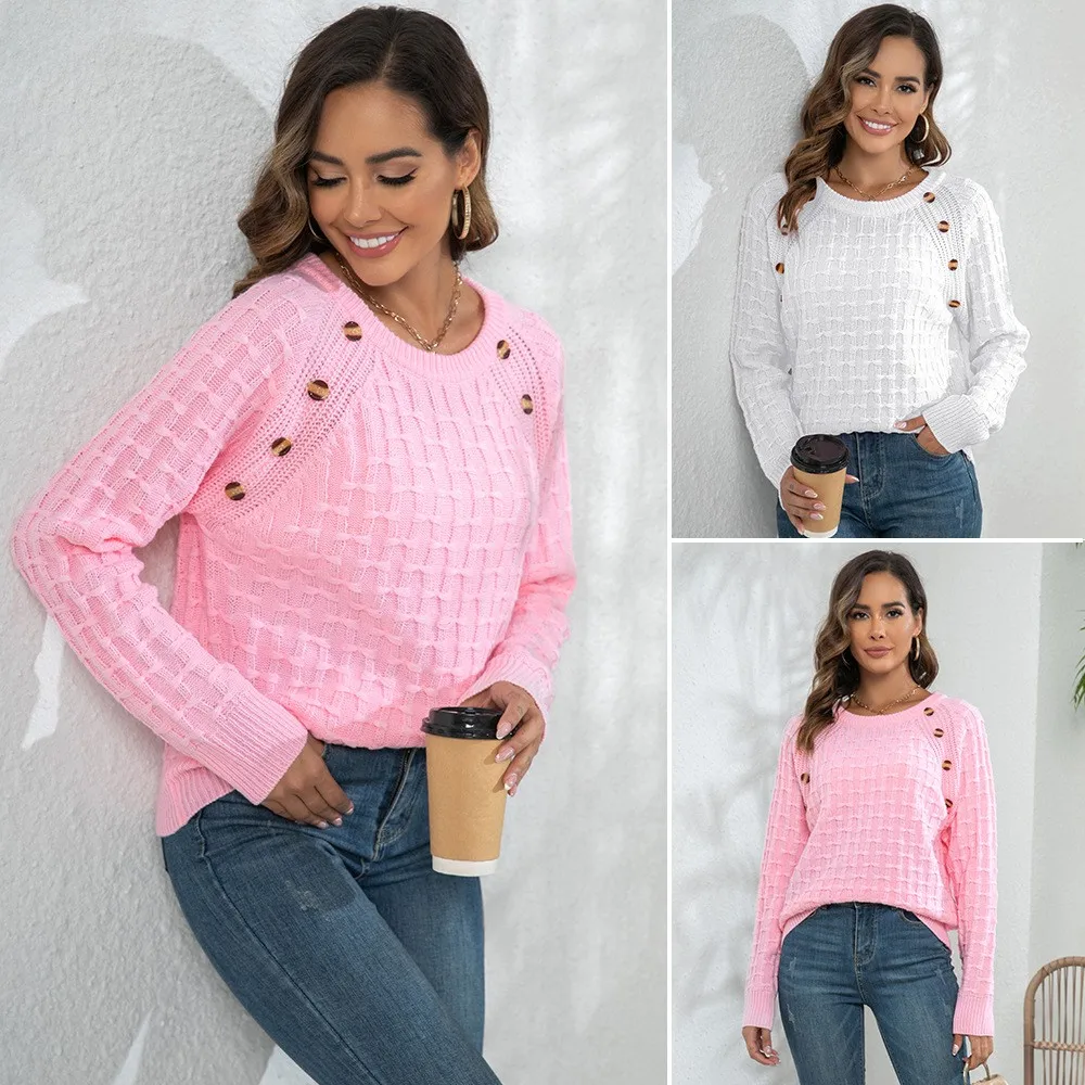 Women's Sweater Pink Cable Knit Loose Fit Knitwear White Crew Neck Long Sleeve Pullover Oversized Button Detail Knitted Sweater
Women's Sweater Pink Cable Knit Loose Fit Knitwear White Crew Neck Long Sleeve Pullover Oversized Button Detail Knitted Sweater