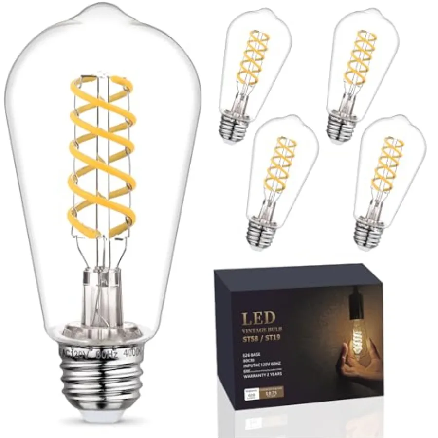 4-Pack Dimmable Vintage LED Edison Bulbs, E26 LED Bulb 60 Watt Equivalent,,ST19/ST58 Antique Spiral Filament Decorative Light B
4-Pack Dimmable Vintage LED Edison Bulbs, E26 LED Bulb 60 Watt Equivalent,,ST19/ST58 Antique Spiral Filament Decorative Light B