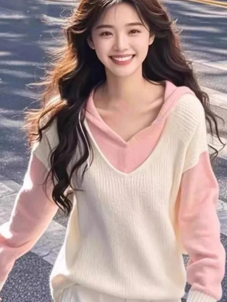 Поддельные милые пуловеры с капюшоном из двух предметов, женская одежда, лоскутный джемпер контрастного цвета, вязаный свитер с длинными рукавами Sueter Mujer
Поддельные милые пуловеры с капюшоном из двух предметов, женская одежда, лоскутный джемпер контрастного цвета, вязаный свитер с длинными рукавами Sueter Mujer