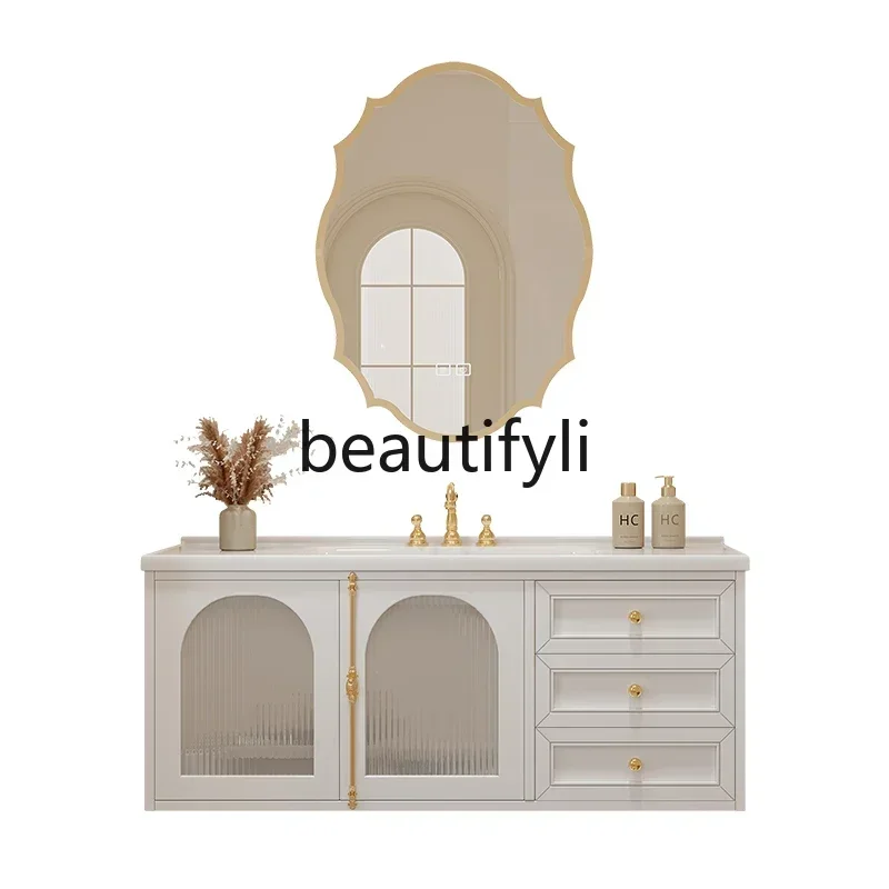 44French cream style bathroom cabinet, ceramic basin combination, hand wash table, American solid wood bathroom
44French cream style bathroom cabinet, ceramic basin combination, hand wash table, American solid wood bathroom