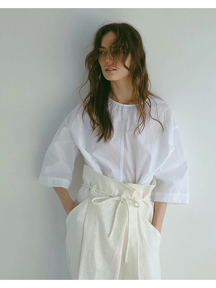 Japanese Style round Neck Shoulder Drop Seven Sleeve Mid-Length Shirt Women's Loose Fit Breathable Pure Cotton Casual Shirt
Japanese Style round Neck Shoulder Drop Seven Sleeve Mid-Length Shirt Women's Loose Fit Breathable Pure Cotton Casual Shirt