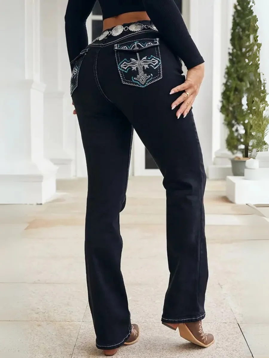 【HME】Women'S High-Waist Bootcut Jeans with Geometric Embroidery & Built-In Zipper - Stretch Denim, Slim Fit, Multi-Button Detail
【HME】Women'S High-Waist Bootcut Jeans with Geometric Embroidery & Built-In Zipper - Stretch Denim, Slim Fit, Multi-Button Detail