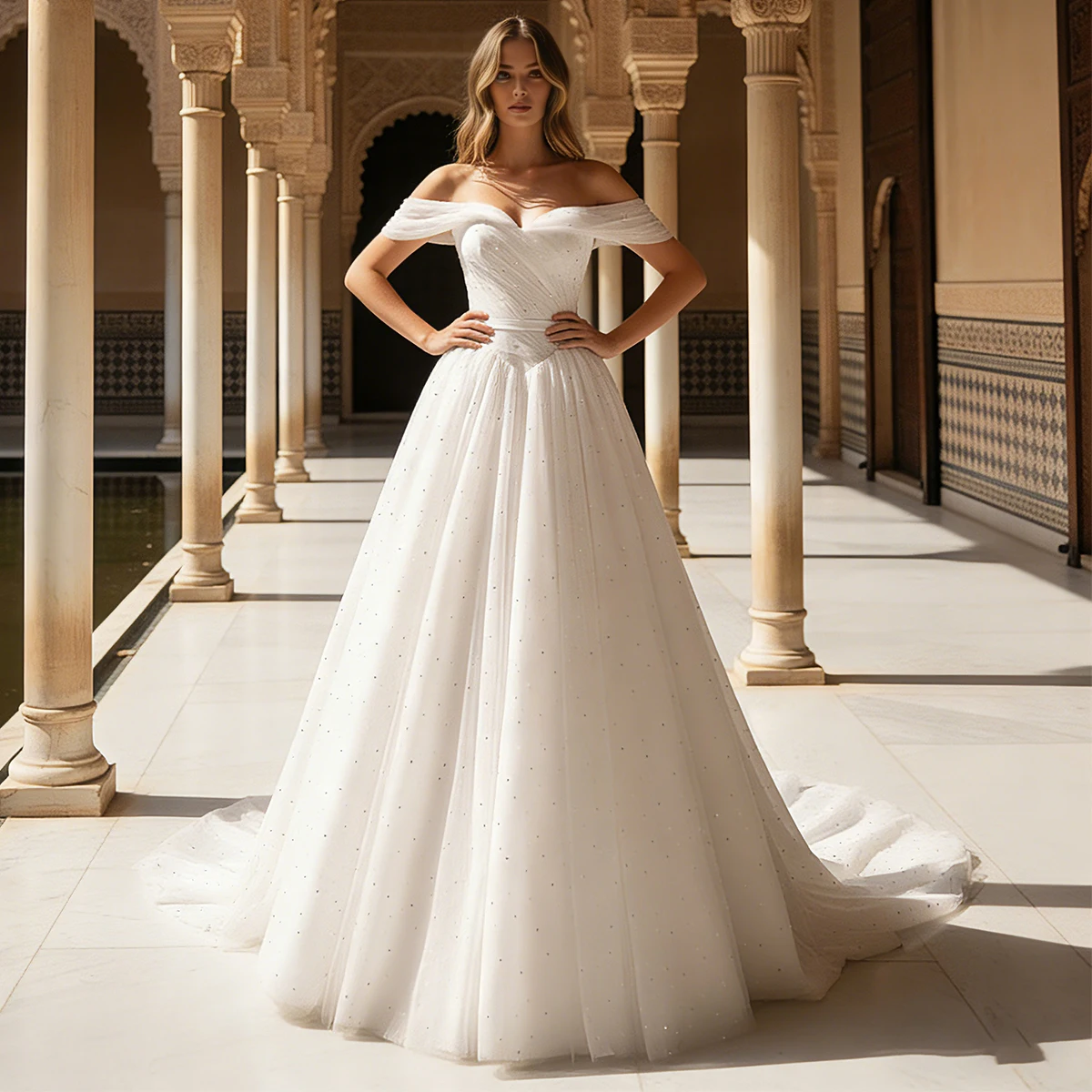 Luxury Sparkly Tulle Wedding Dress For Bride Vestidos Novia Off Shoulder Ball Gown With Train Puffy A Line Bridal Party Gown
Luxury Sparkly Tulle Wedding Dress For Bride Vestidos Novia Off Shoulder Ball Gown With Train Puffy A Line Bridal Party Gown