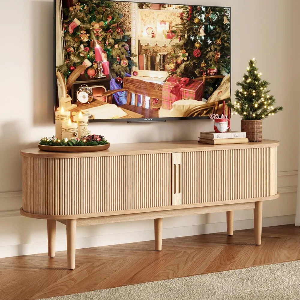 TV Stand for 65" TV, Mid-Century Modern 58" Entertainment Center with Sliding Tambour Door and Storage Cabinet, Cruved TV Media
TV Stand for 65" TV, Mid-Century Modern 58" Entertainment Center with Sliding Tambour Door and Storage Cabinet, Cruved TV Media