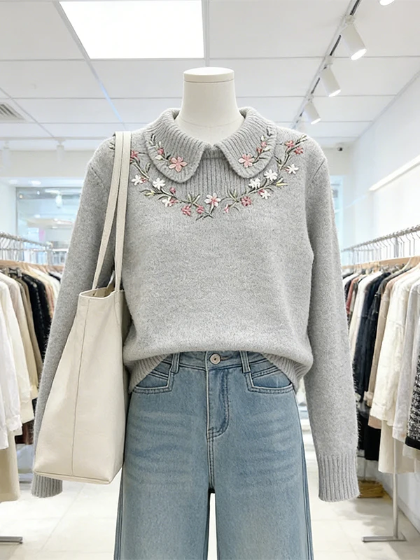 Large Size Embroidered Collar Knitted Sweater for Women Spring Grey Long Sleeve Loose Fit Comfortable Breathable Korean Style
Large Size Embroidered Collar Knitted Sweater for Women Spring Grey Long Sleeve Loose Fit Comfortable Breathable Korean Style