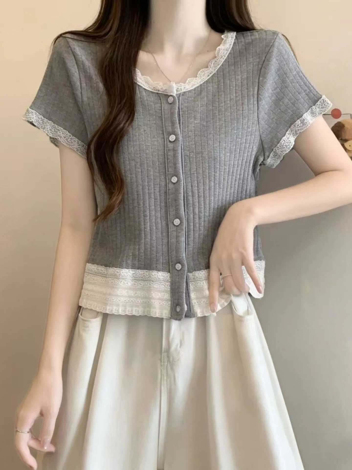 Lace Trim Short Sleeve T-Shirt Women's Summer plus Size Slimming Short Style Base Layer Shirt Korean Style Casual Wear
Lace Trim Short Sleeve T-Shirt Women's Summer plus Size Slimming Short Style Base Layer Shirt Korean Style Casual Wear