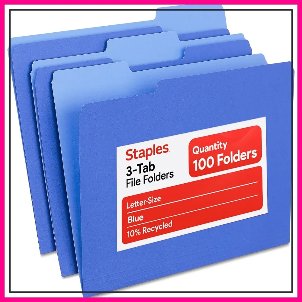 Staples File Folders, Letter Size, 1/3-Cut Top Tabs, Durable 10.5-Point Paper Stock, 100/Pack
Staples File Folders, Letter Size, 1/3-Cut Top Tabs, Durable 10.5-Point Paper Stock, 100/Pack