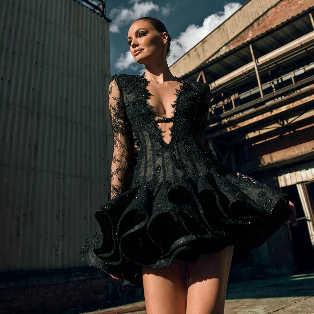 Sexy Black Lace Mini Cocktail Dress Long Sleeve V Neck Ruffled Prom Party Dress Elegant Puffy Ruffles Women Club Wedding Gowns
Sexy Black Lace Mini Cocktail Dress Long Sleeve V Neck Ruffled Prom Party Dress Elegant Puffy Ruffles Women Club Wedding Gowns