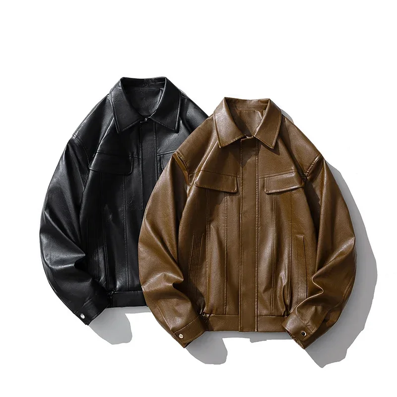 2025 2025 Men's Faux Leather Bomber Jacket Motorcycle Lapel Zip-Up Biker Coat Vintage Streetwear Black Brown Jacket
2025 2025 Men's Faux Leather Bomber Jacket Motorcycle Lapel Zip-Up Biker Coat Vintage Streetwear Black Brown Jacket