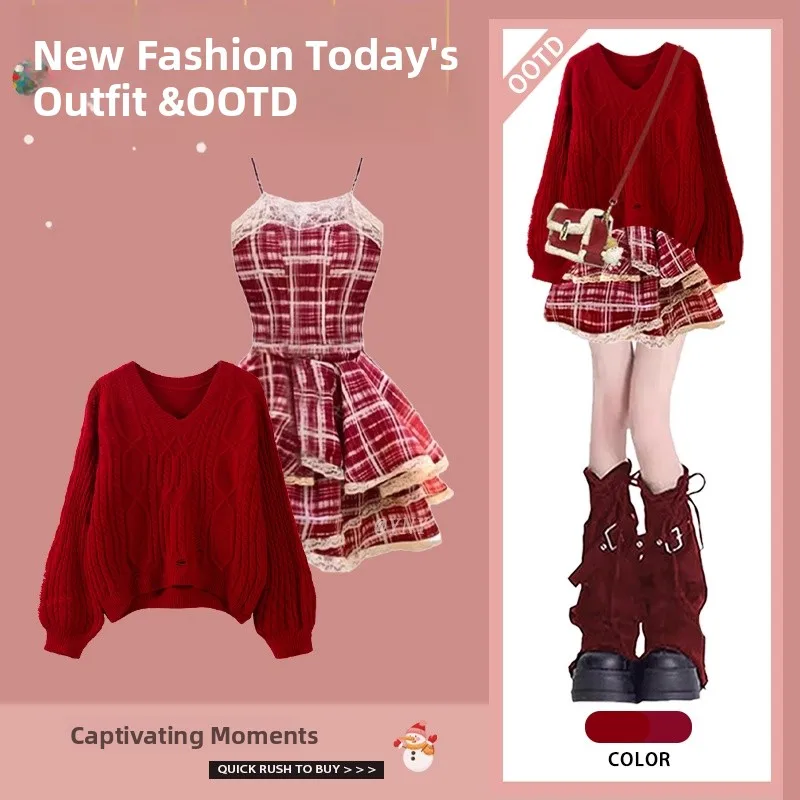 Winter New Year Women's Knitted Sweater Dress Set Red Hole Design Long Sleeve round Neck Two-Piece Fashion Ensemble
Winter New Year Women's Knitted Sweater Dress Set Red Hole Design Long Sleeve round Neck Two-Piece Fashion Ensemble