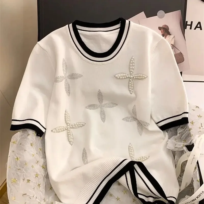 Summer Rhinestones Jacquard Knit Sweater Tees Women Pullover Tops Short Sleeve Round Neck Fashion Ladies Chic Female Knitwear
Summer Rhinestones Jacquard Knit Sweater Tees Women Pullover Tops Short Sleeve Round Neck Fashion Ladies Chic Female Knitwear