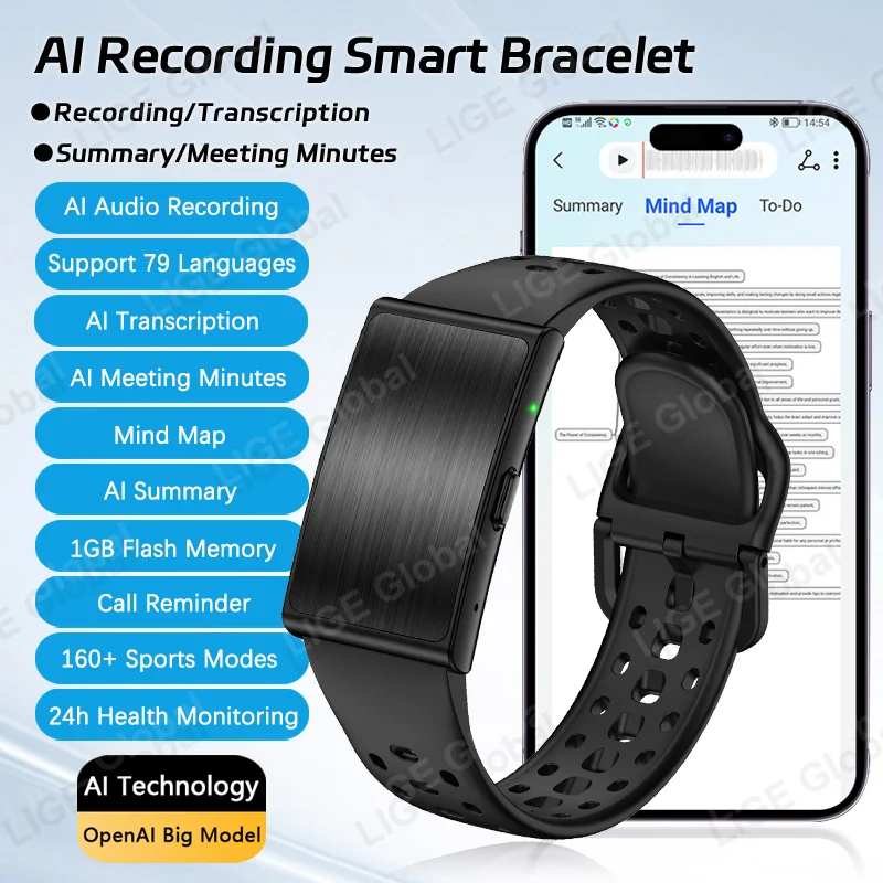 LIGE Audio Recording Smart Bracelet Sports Fitness Band Health Monitor Watches 79 Languages AI Transcription 1GB Voice Recorder
LIGE Audio Recording Smart Bracelet Sports Fitness Band Health Monitor Watches 79 Languages AI Transcription 1GB Voice Recorder