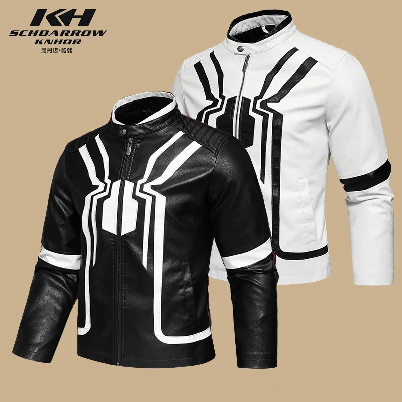 New men's motorcycle European and American art embroidery contrasting black and white patchwork color leather jacket
New men's motorcycle European and American art embroidery contrasting black and white patchwork color leather jacket
