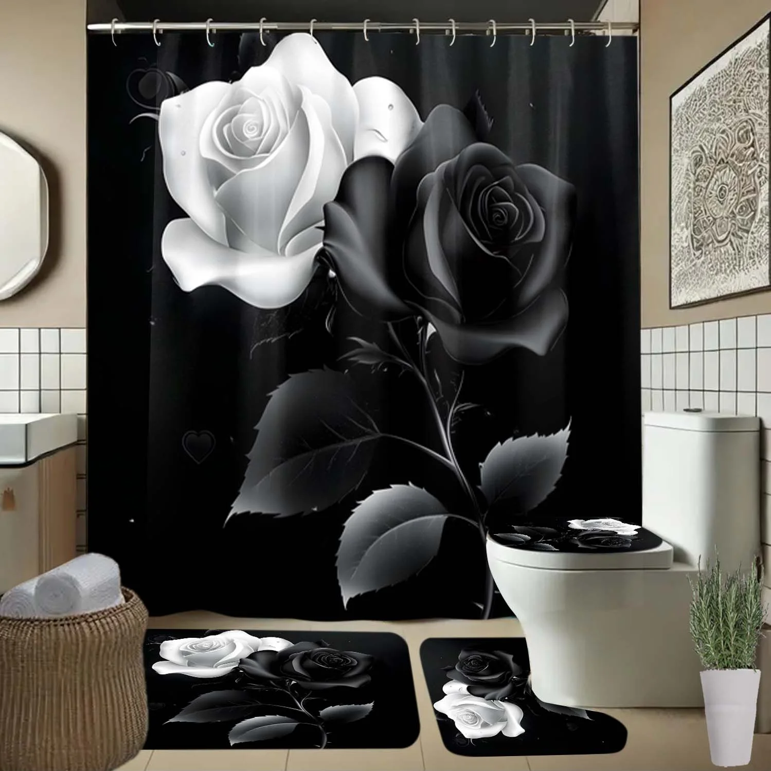 4pcs Sea White Rose Print Shower Curtain Set Anti Slip Toilet Seat Pad U Shaped Pad Polyester Fabric Shower Curtain with
4pcs Sea White Rose Print Shower Curtain Set Anti Slip Toilet Seat Pad U Shaped Pad Polyester Fabric Shower Curtain with