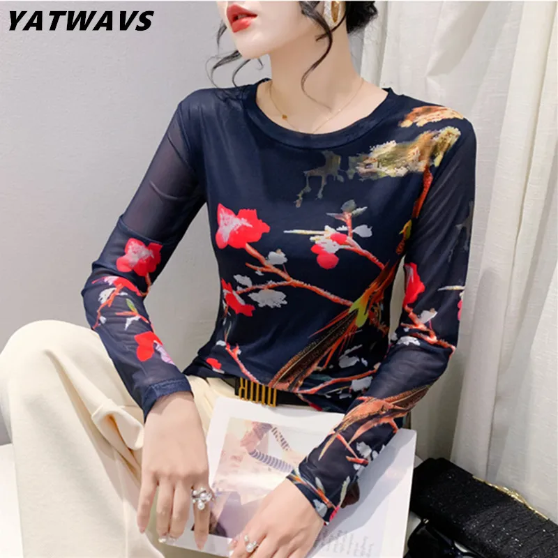 Spring Summer Elegant Women's Fashion Printing Tops Sexy O-Neck Long Sleeved High Elasticity Mesh T-shirt Slim Tees For Female
Spring Summer Elegant Women's Fashion Printing Tops Sexy O-Neck Long Sleeved High Elasticity Mesh T-shirt Slim Tees For Female