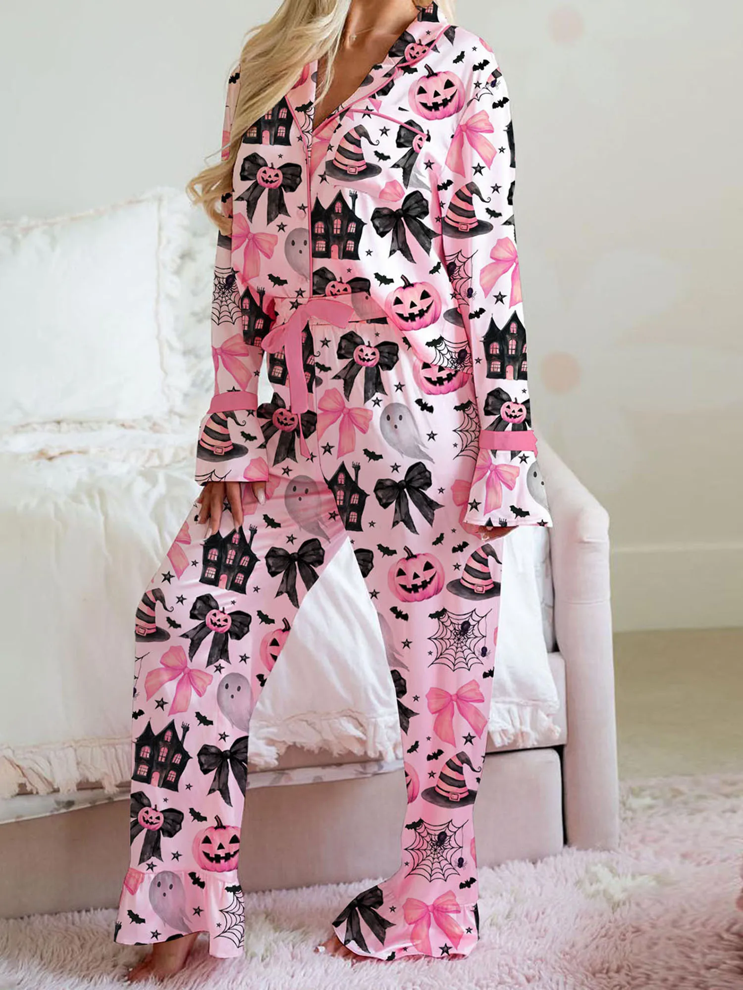 Women s Halloween Pajamas Set with Spooky Print Button Down Lapel V Neck Long Sleeve Tops and Matching Pants for Cozy Lounge
Women s Halloween Pajamas Set with Spooky Print Button Down Lapel V Neck Long Sleeve Tops and Matching Pants for Cozy Lounge